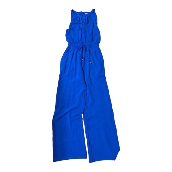 TAHARI blue smocked waist sleeveless  keyhole neck belted‎ jumpsuit size 6 new - Picture 9 of 16